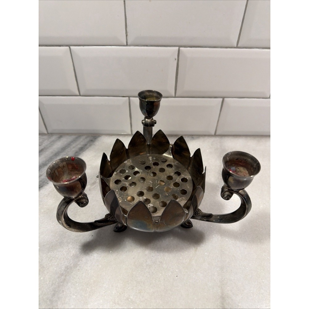 Leonard Silver plate 3 Candle Holder Lotus Vase With Original Frog Vintage 1970s